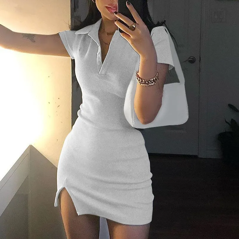 Women Casual Dresses Short Sleeve Slit Sexy Mini Dress Summer Ladys Fashion Streetwear Outfits Cute Sides Split Solid Color Lapel/POLO collar one-piece skirt