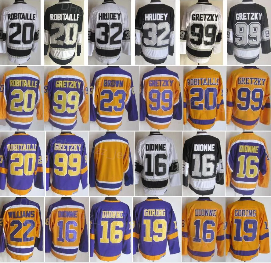 Vintage 20 Luc Robitaille tröjor Retro Ishockey 99 Wayne Gretzky 23 Dustin Brown 32 Kelly Hrudey 19 Butch Goring Svart Vit Lila Gul All Stitched GuoWang