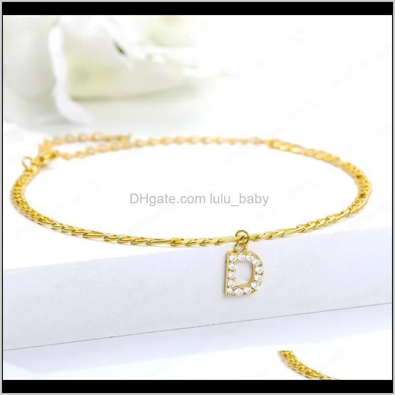 High Quality Yellow Gold Plated Stainless Steel CZ Cubic A-Z Letter Anklets Chains for Girls Women for Wedding Party Nice Gift