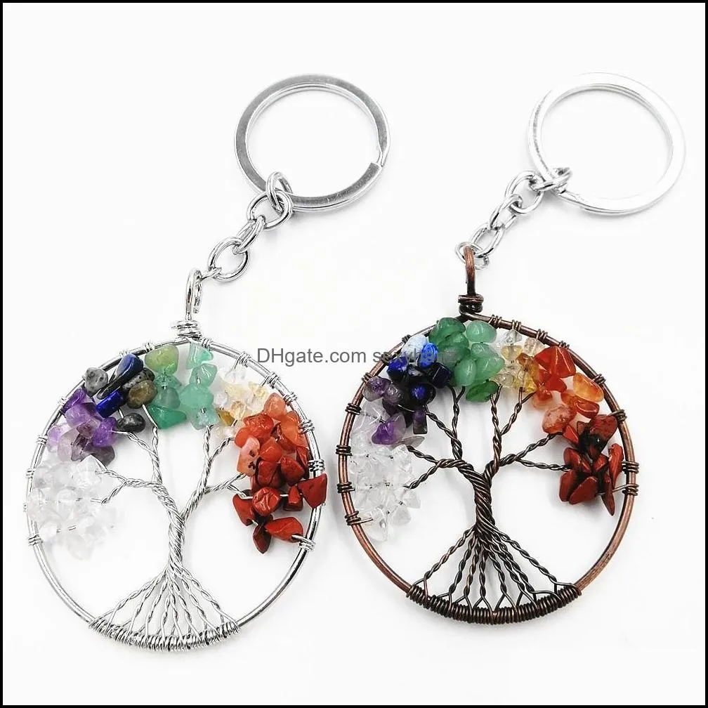 Key Rings smycken Crystal Stone Keyring Chain 7 Chakra Round Tree of Life Pendant Handmade nyckelring Ring Holder Car Bag Aessory GWB11888 D