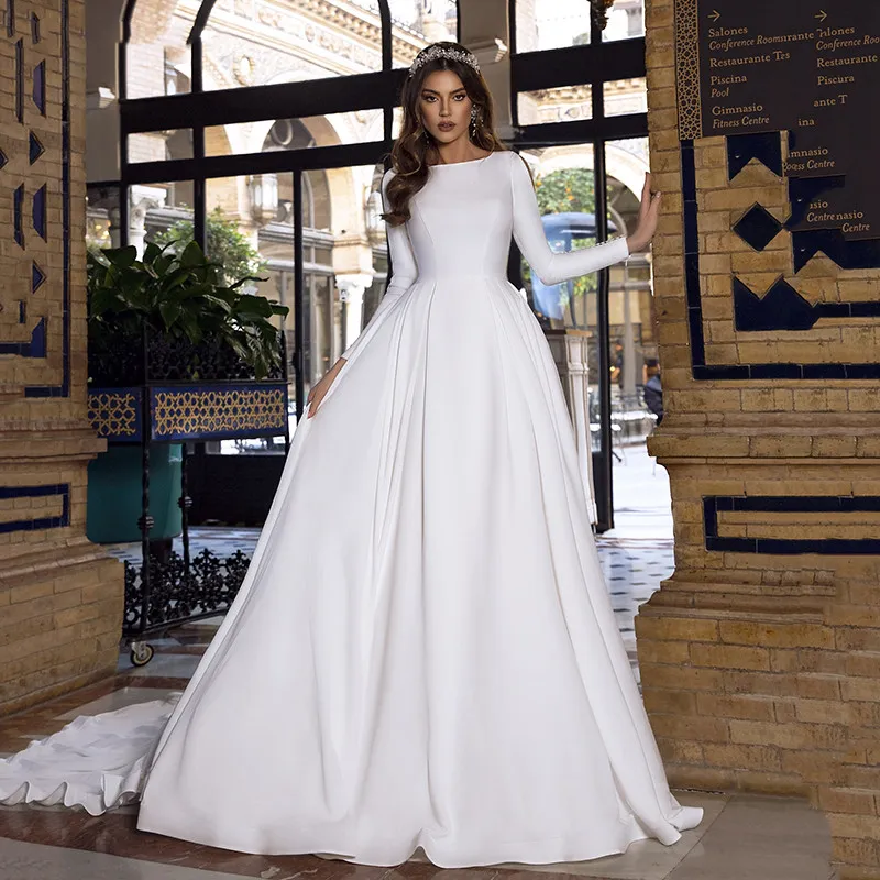 2021 elegante Satin Prinzessin Hochzeit Kleid Langarm Brautkleider Low Back Kaftan Braut Kleider Vestido De Noiva Muslim