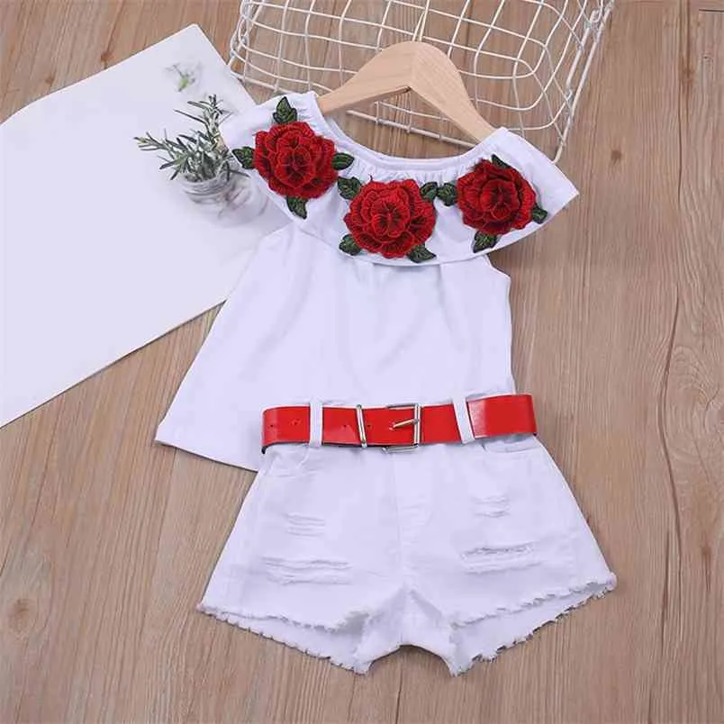 2-6Y, ropa infantil para niños, conjuntos de ropa para niñas, moda de verano con hombros descubiertos, Top de algodón con flores rosas en 3D, conjunto de falda, conjunto 210528