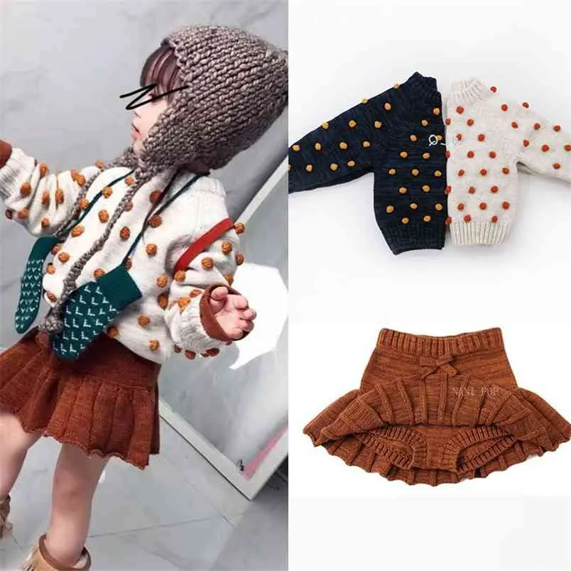 Child Girl Fashion Pop Corn Sweaters Knit Winter Tops Long Sleeve Pullover Toddler Vintage Ball Top and Skirt Matching 210619