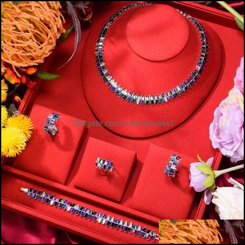 Earrings & Necklace Missvikki Nigerian Wedding African Shiny Multicolor Bangle Ring 4PCS Jewelry Set Woman Bridal Bijoux