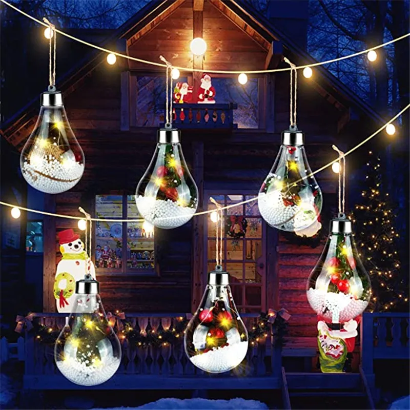 LED Transparent Christmas Ornament Tree Pendant Plastic Bulb Ball Home Decor Birthday Gift New Year Gifts Lights Hanging Clear Decoration for Xmas Party Outdoor