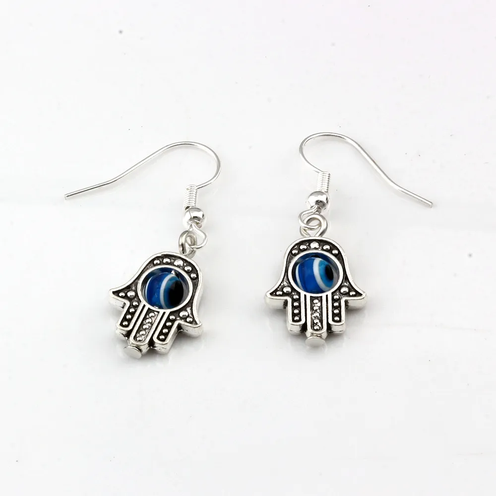 Antique Silver Fatima Hand EVIL EYE & Fishhook Ear Wire Earrings