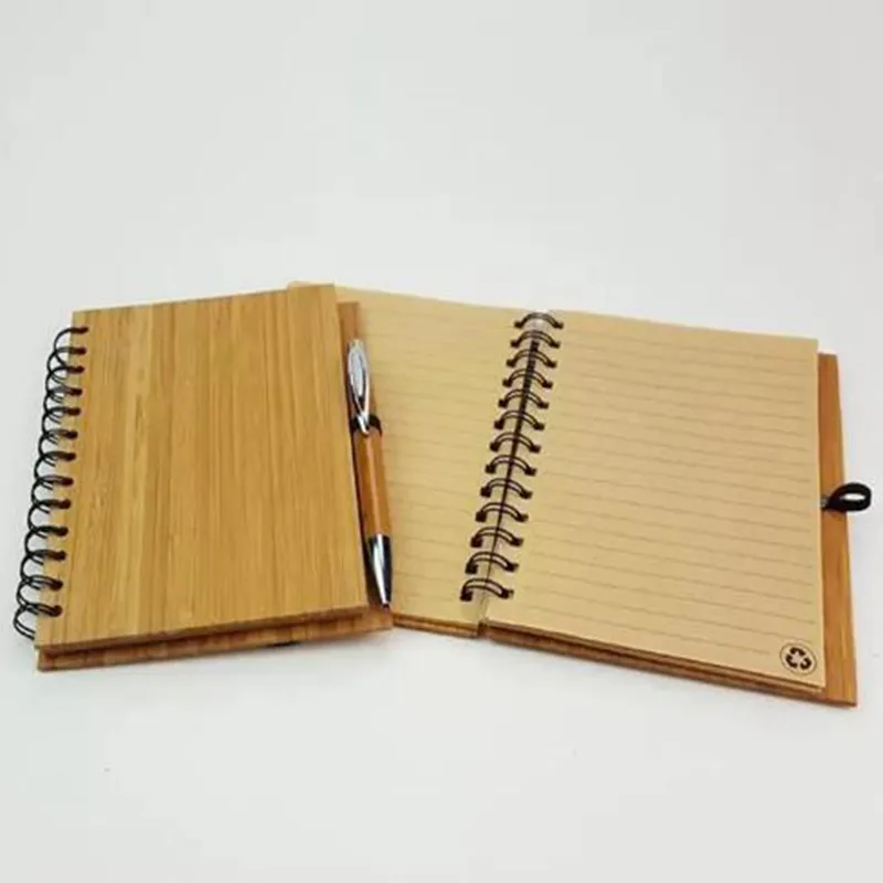 クリエイティビティスパイラルノートブック木の竹カバーノートブックのノートパッドが付いているペンの学生環境メモ帳卸売学校の供給