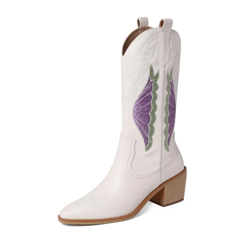 Çizmeler Nakış Hakiki Deri Orta Buzağı Kadın Sonbahar Kış Kadın Sivri Burun Westren Boot Bayanlar Siyah Bej 6 cm Kalın Topuklu