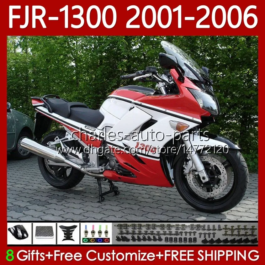 Carrosserie OEM pour Yamaha FJR-1300 FJR 1300 A Blanc rouge CC FJR1300A 01-06 Bodys de moto 106No.8 FJR1300 01 02 03 04 05 06 FJR-1300A 2001 2002 2003 2004 2005 2006 Kit de carénage