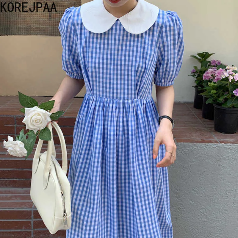 Korjpaa Kvinnor Klänning Sommar Koreansk Mode Elegant Blå Plaid Doll Krage Hög Midja Bubbla Ärm Stor Swing Långa Klänningar 210526