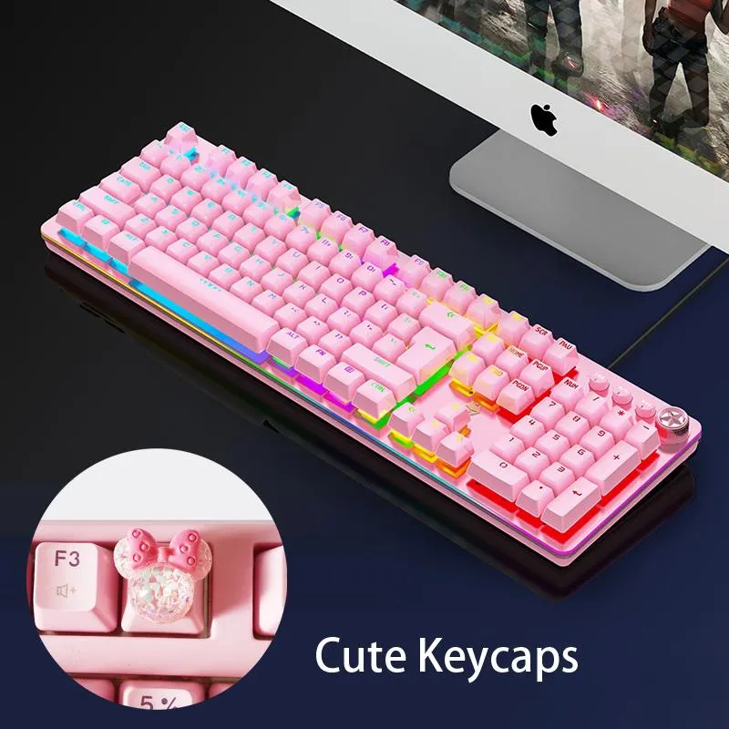 Keyboards Pink Mechanical Keyboard Cute Keycaps Gaming Office