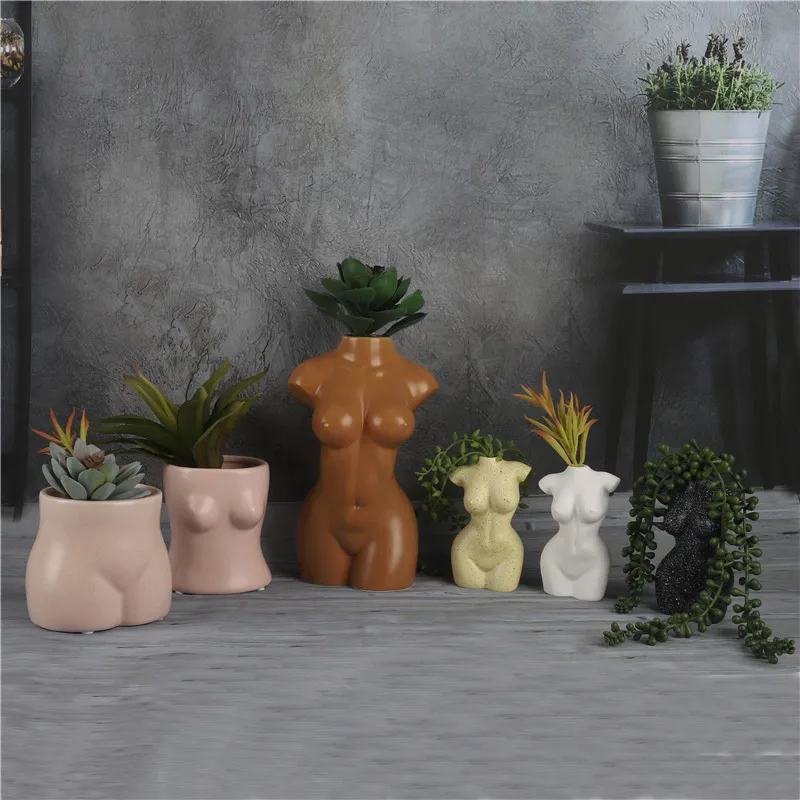 Mini Body Art Design Vase Flower Pot Kardashian Sexy Ceramics Creative Chest Bust Statue Planting Home Decoration Desk Decor 210310