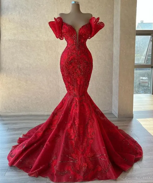 2022 Plus Size Arabic Aso Ebi Red Luxurious Mermaid Prom Dresses Lace Beaded Evening Formal Party Second Reception Birthday Engagement Gowns Dress ZJ210