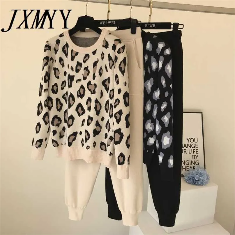 Streetwear Leopard tryckt Knit Två peice passar kvinnor långärmad o-hals tröja toppar + fast färg harem byxor casual tracksuit 211101