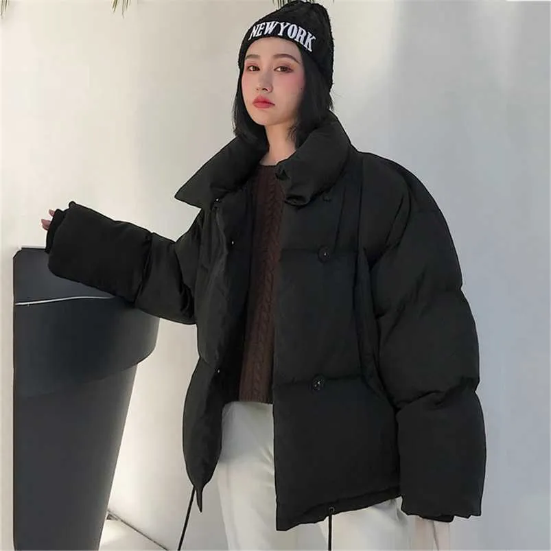 Koreanska stil står krage vinterjacka kvinnor bröstknappar vinterrock för kvinnor kort svart puffer jacka parka kvinnlig 210930