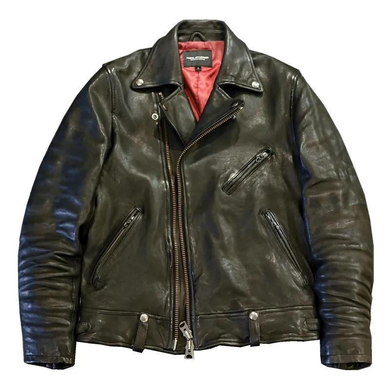 Motorcycle Apparel Men's Genuine Soft Lambskin Leather Vintage Asymmetrical Zipper Jacket Biker Casual