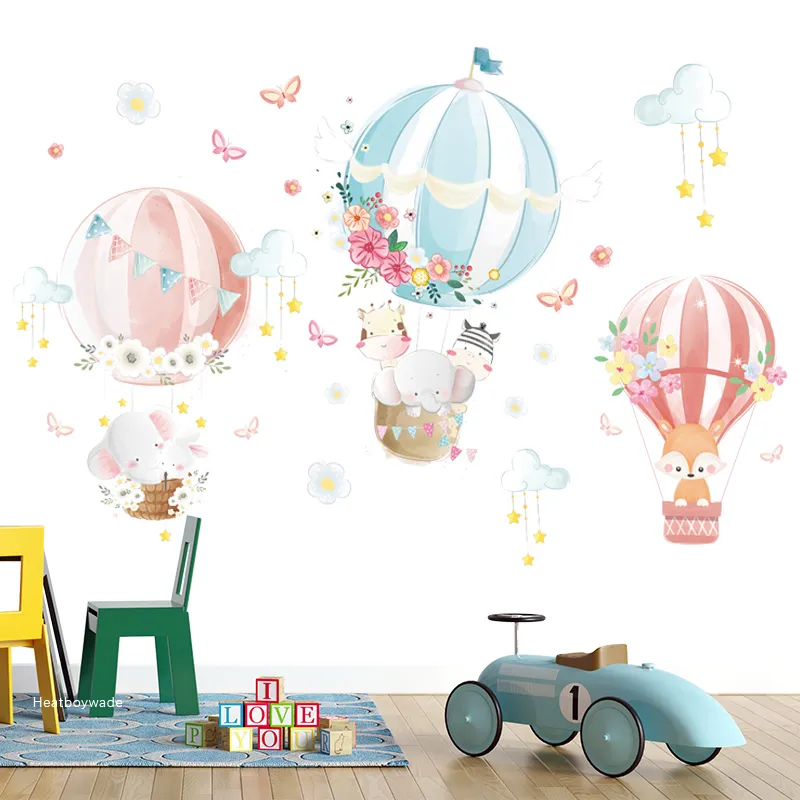 Cartoon Animal Hot Air Balloon Wall Stickers For Kids Nursery Eco ...
