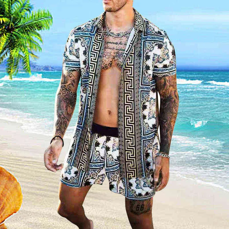 남자 하와이 셔츠 세트 패션 인쇄 2021 여름 반팔 버튼 셔츠 해변 반바지 Streetwear 캐주얼 망 슈트 2 조각 G220224