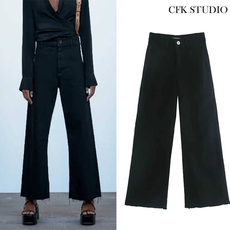 Jeans de mujer con cintura alta Cremallera sólida Elegante pierna ancha Pantalones largos de mezclilla negros 210222