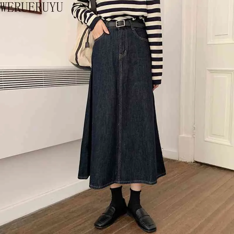WERUERUYU coréen Denim plissé jupes femmes automne une ligne taille haute jean mi jupe décontracté bleu Flare solide longue jupe 210608