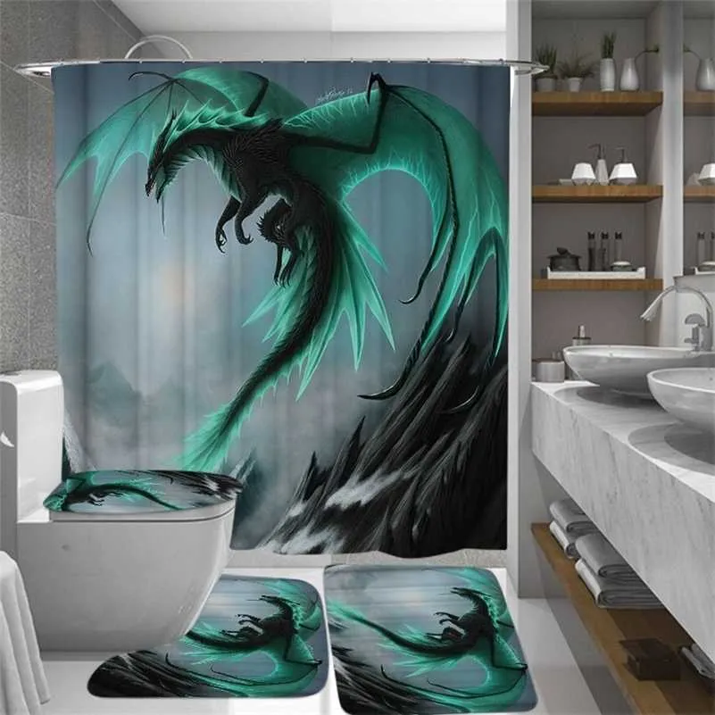 Flying Dragon Stampato Tenda da doccia impermeabile Set copriwater Tappetino antiscivolo Tappeti da bagno Set da bagno Decorazioni natalizie di Halloween 211116