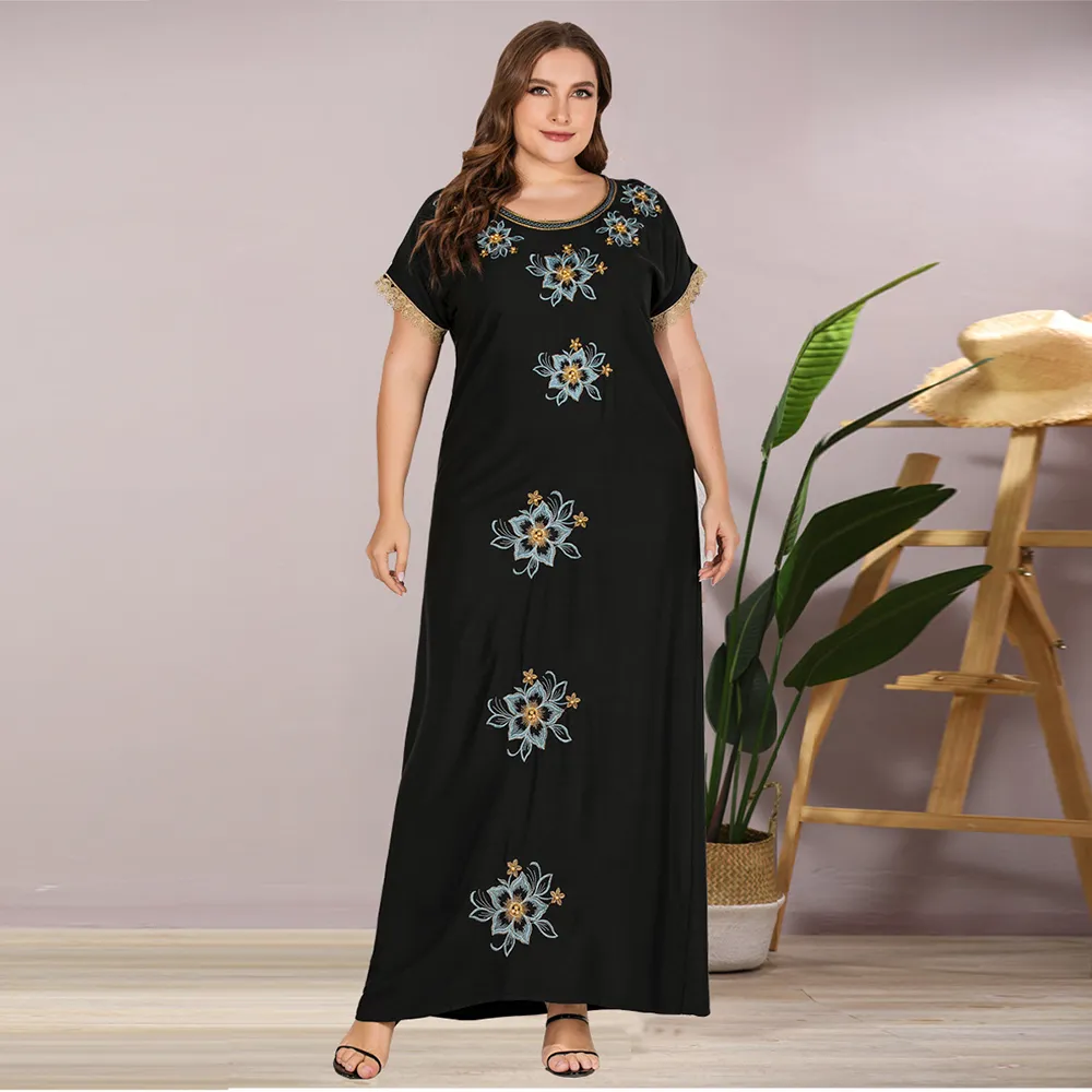 Siskakia bestickte Perlen langes Kleid schwarz Plus Size Damen Maxikleider Mode Schnürsenkel Patchwork Kurzarm lose lässig 210302