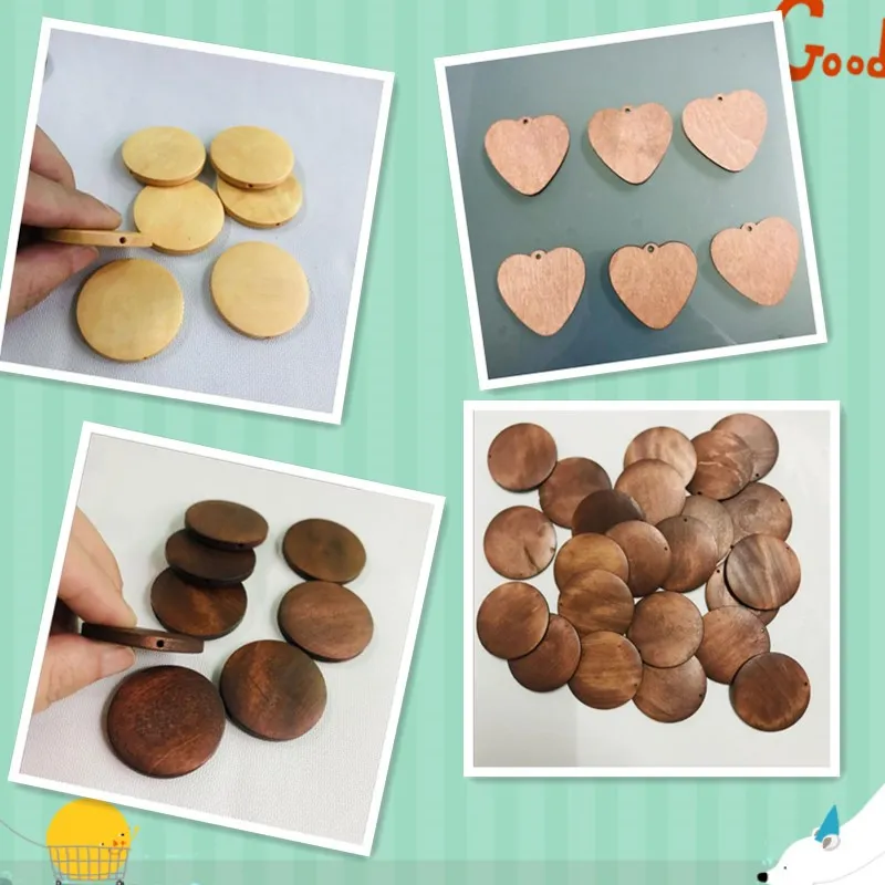 DIY Wooden Pendant Monogrammed Engravable Disc Bracelet Heart-shaped Wood Keychain with Round Hole Jewelry Accessories