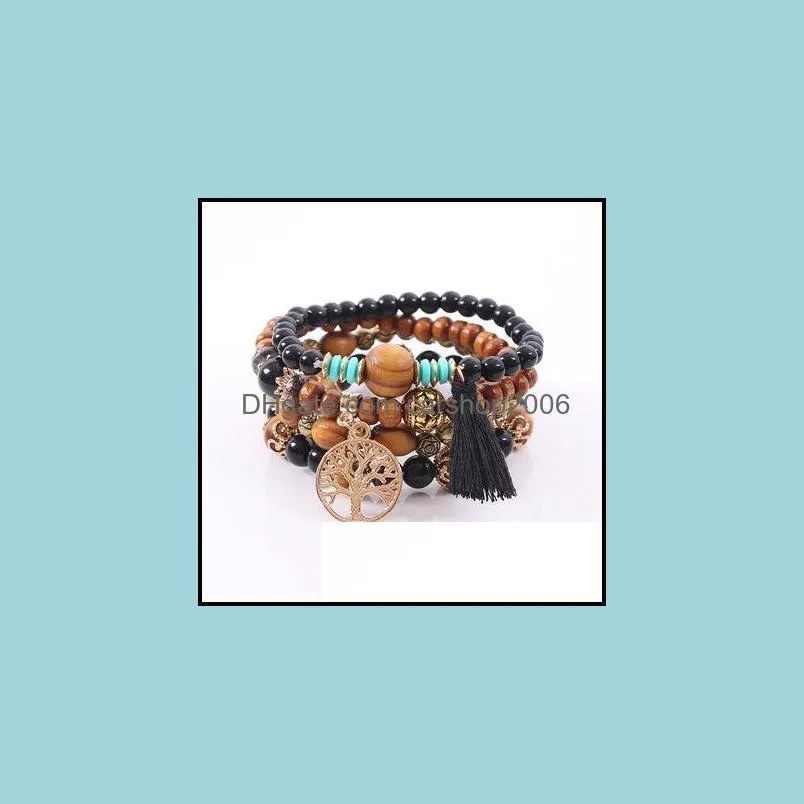 Bohemian Multilayer Charm Bracelets Colorul Wood Beads Bracelet Life Tree Pendant Tassel Elastic Bracelets Bangles for Women Men Jewelry