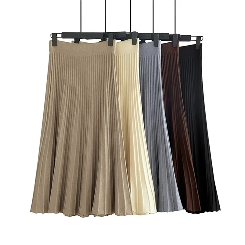 HLBCBG 수직 스트라이프 니트 여성 스웨터 스커트 탄성 밴드 Pleated Midi Skirts Chic High 허리 A 라인 여성 210621