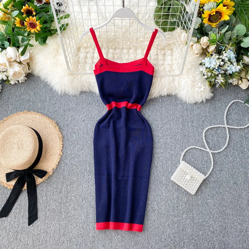 2021 New design women's fashion sexy color block spaghetti strap single breasted knitted pencil tank dress249s