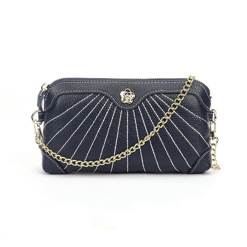 Evening Bags Small Chain Shoulder For Women Genuine Leather Thread Long Clutch Bag With Wristband Natural Calfskin Ladies Purses