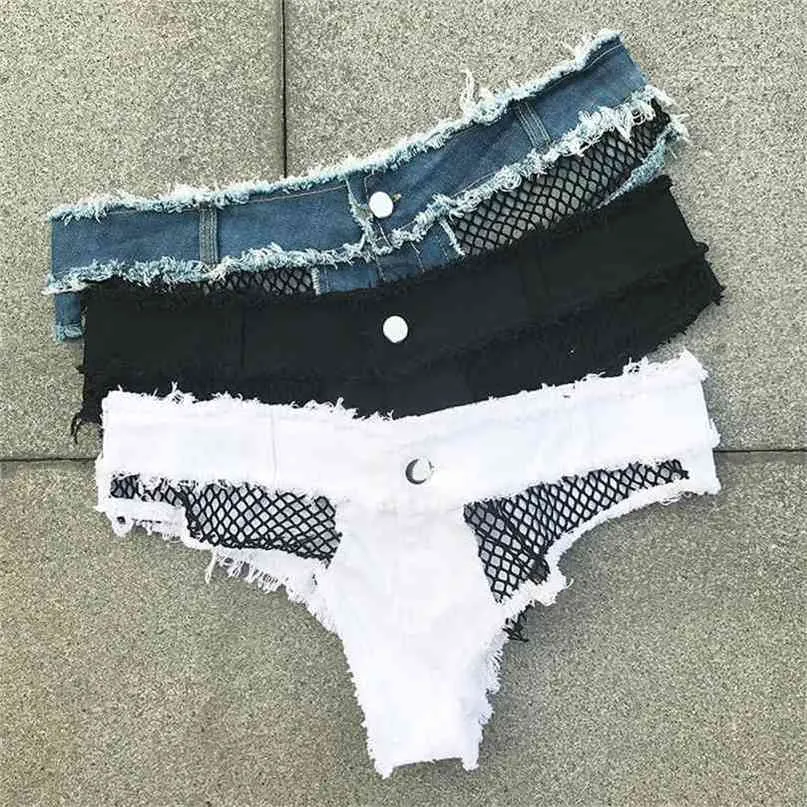 Micro Bikini Mini Krótki Seksowny Klub Plaża Denim S Białe Lato Femme Niska Talia Stringi Dżinsy Dla Kobiet Hollow Out 210722