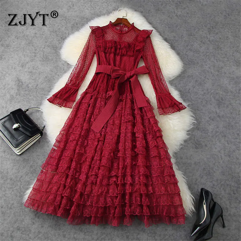 Wiosna Eleganccy projektanci Cascading Ruffle Lace Dress Runway Moda Flare Rękaw Długa Celebrity Party Festa Sexy Vestidos 210601