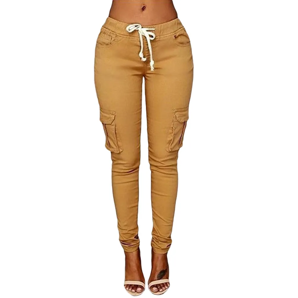 High Waist Solid Skinny Cargo Pants With Pockets And Drawstring