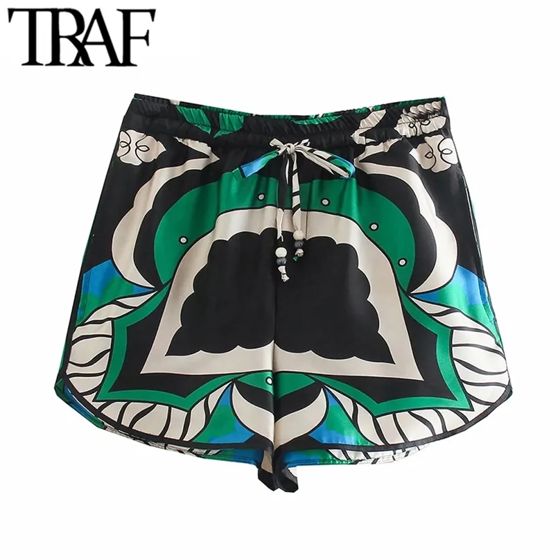TRAF Frauen Mode Seitentaschen Gedruckt Bermuda Shorts Vintage Hohe elastische Taille Lüftungsöffnungen Weibliche Kurze Hosen Mujer 210719