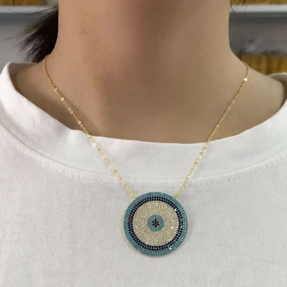 2021 Top Quality Elegant Fashion Turkish Evil Eye Round Neckalce Paved Blue And White Cz Shiny Necklace For Women Wediing Gift