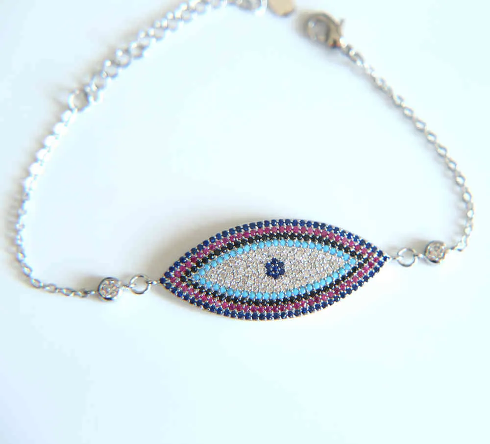 Micro Pave multi-colored zirconia hamsa armband blå turkiska onda ögon charm kvinnor fatima vänskap smycken