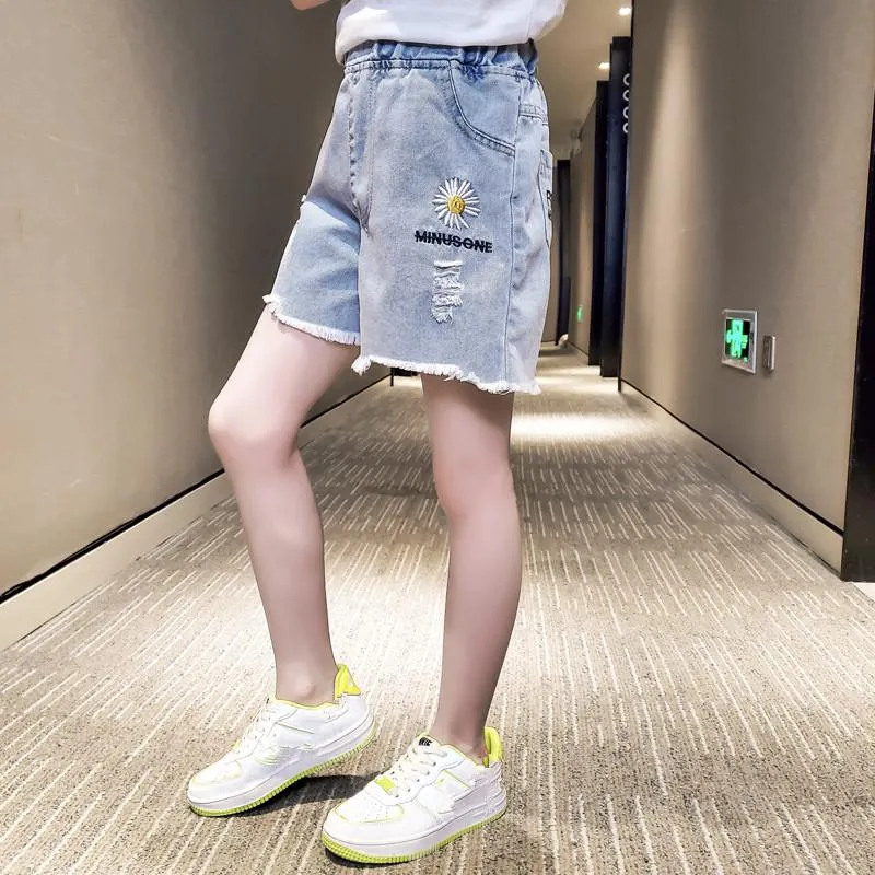반바지 패션 소녀 높은 허리 데님 벨트 베이비 청바지 여름 귀여운 아이들의 옷 청소년 13-2 년
