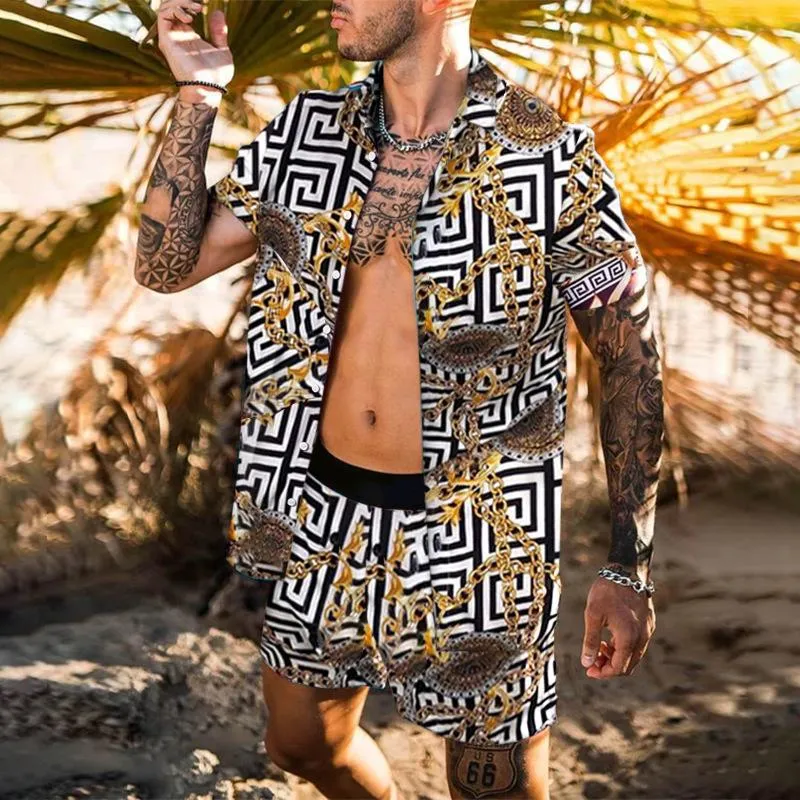 Homens dos homens Homens Hawaii Overprint 2021 Verão Botão de manga curta camisa shorts de praia de rua desgaste casual terno 2 pedaço conjunto