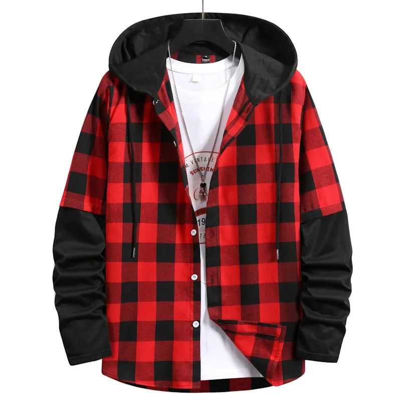 Felpe con cappuccio da uomo Felpe LUCLESAM Uomo Rosso Nero Plaid Splicing Felpa con cappuccio Uomo Casual Streetwear Camicie con cappuccio Sudaderas Hombre