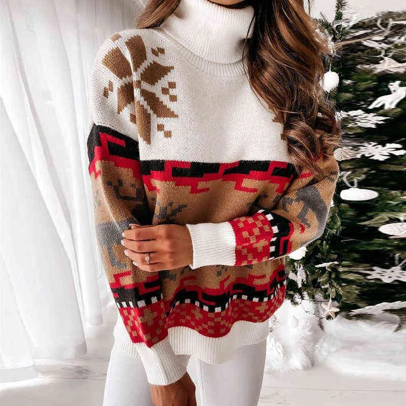 2021 Nieuwe Kerst Turtleneck Elk Print Knit Losse Vrouwen Trui Winter Mode Warm Pullover Sweater Casual Dame Chic Sweaters Y1110