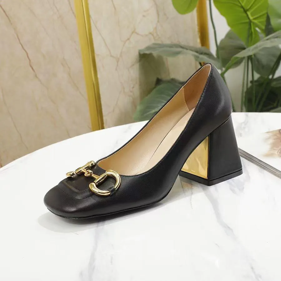 Women Dress Shoes spring autumn fashion cowhide Square toe Coarser heel high heels 100% leather Metal buckle lady designer heeled boat shoe Large size 35-41-42 With box