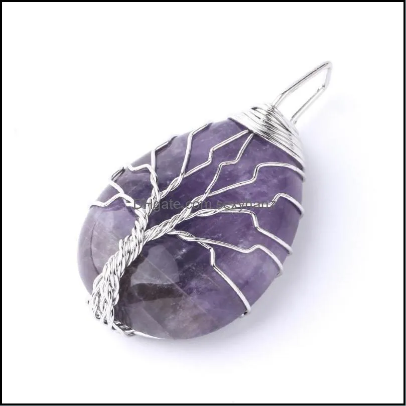 Pendant Necklaces Wire Wrapped Tree Of Life Natural Gemstone Teardrop Necklace Healing Crystal Chakra Jewelry For Women - Amethyst