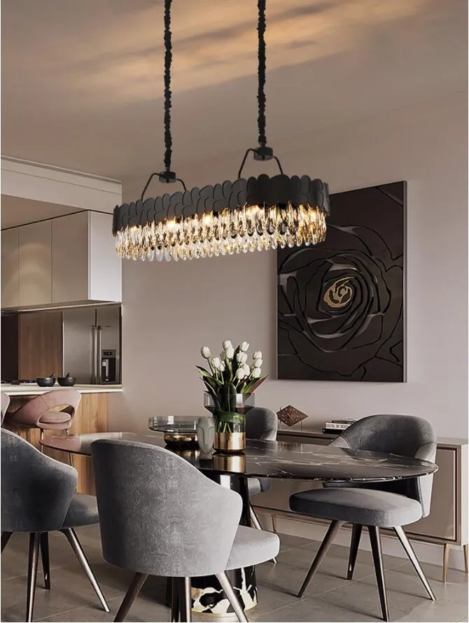 Modern Luxury Led Crystal Black Oval Loweliers Hängsmycke Lampor för Lägenhet Hotell Living and Dining Room Restaurant Landelier Led Ljusbelysning