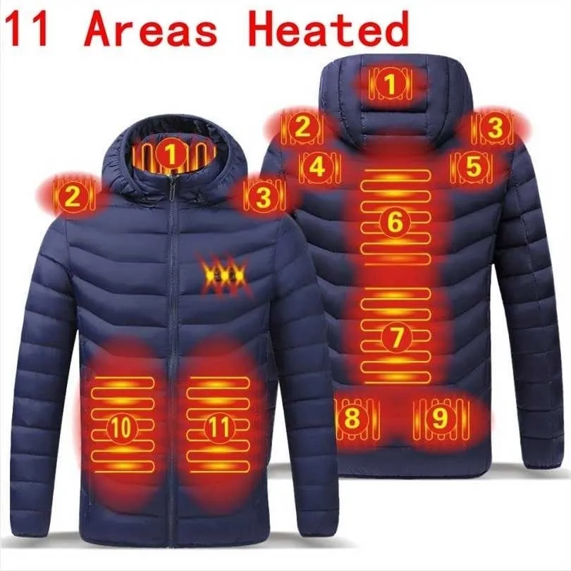 Hommes 11 zones Heate veste hiver chaud USB gilet chauffant Thermostat intelligent à capuche vêtements chauffants imperméable rembourré 211214
