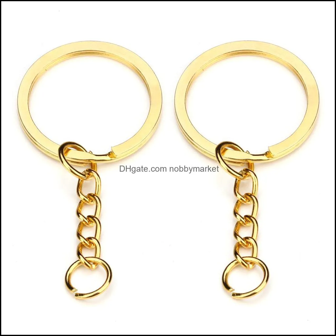 28mm Gold Key Ring Keychain Round Split Rings with Short Chain Rhodium Bronze Keyrings Women Men DIY Jewelry Making Key Chains