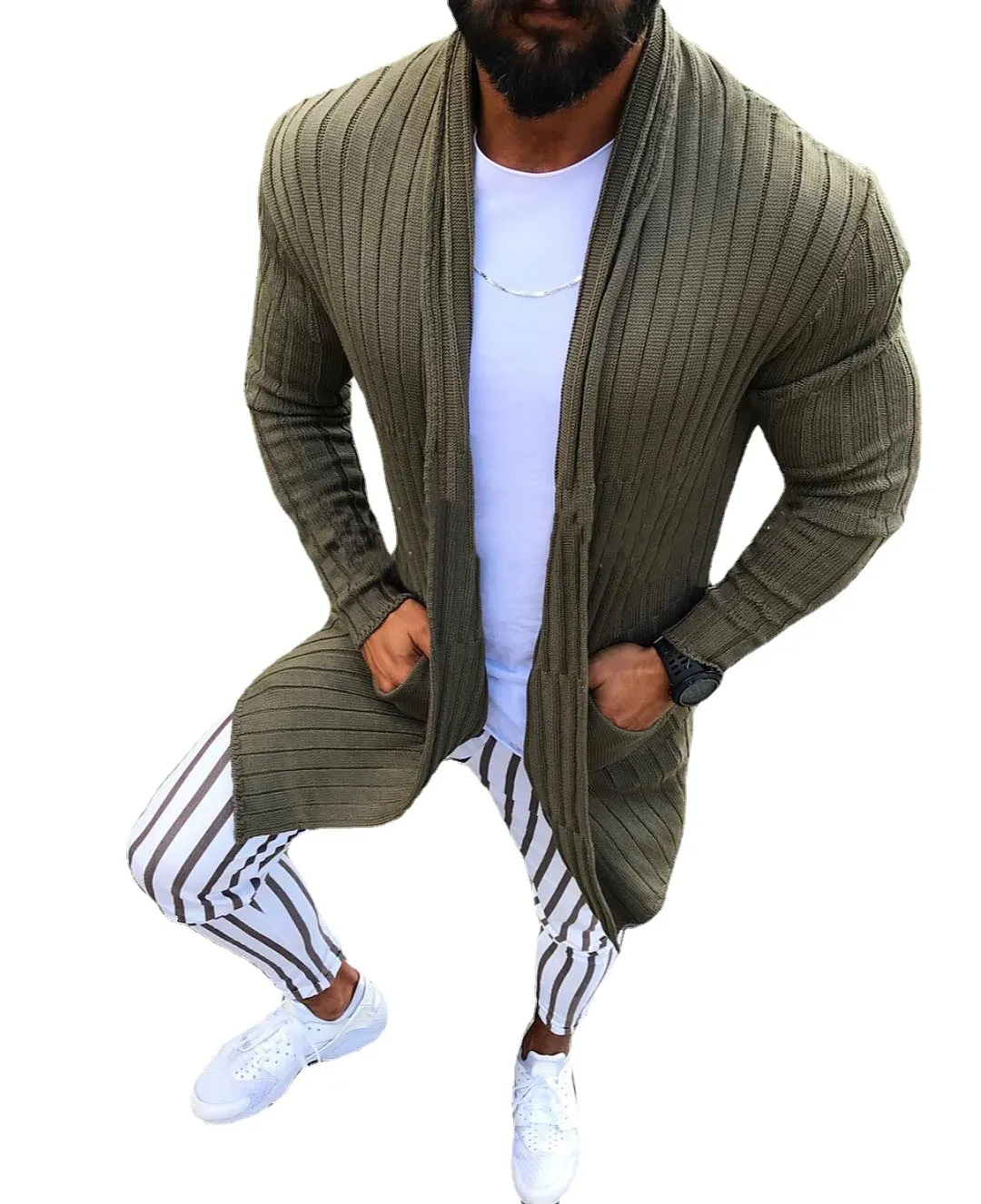 Knitted Cardigan Sweater Men Autumn Casual Slim Fit Jackets Mens Shawl Collar Coat Long Striped Sweaters Male Overcoat XXXL