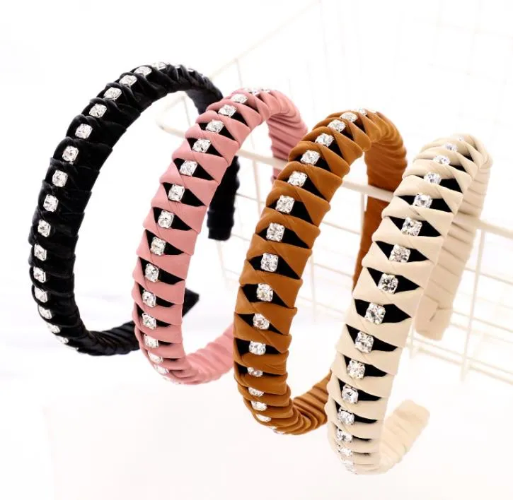 Rhinestone Leather Hairband Women Girls Weaving Cross Headbands 2020 New Fashion Hair Band Hoops Hair Accessories Headwear