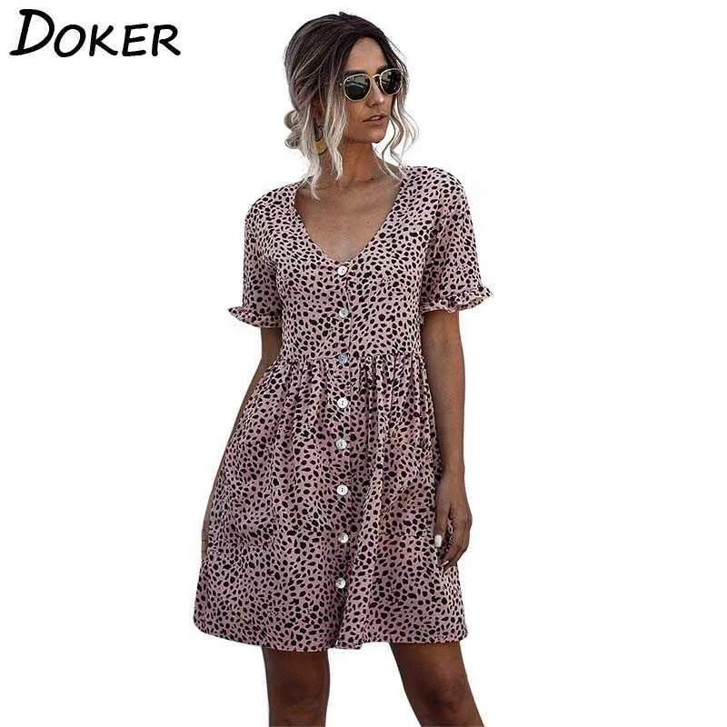 Lato Krótki rękaw V-Neck Dot Druk Dress Długość Kolana Pojedynczy Kieszenie Kierowe Luźne Talia Butterfly A-Line Mini 210604