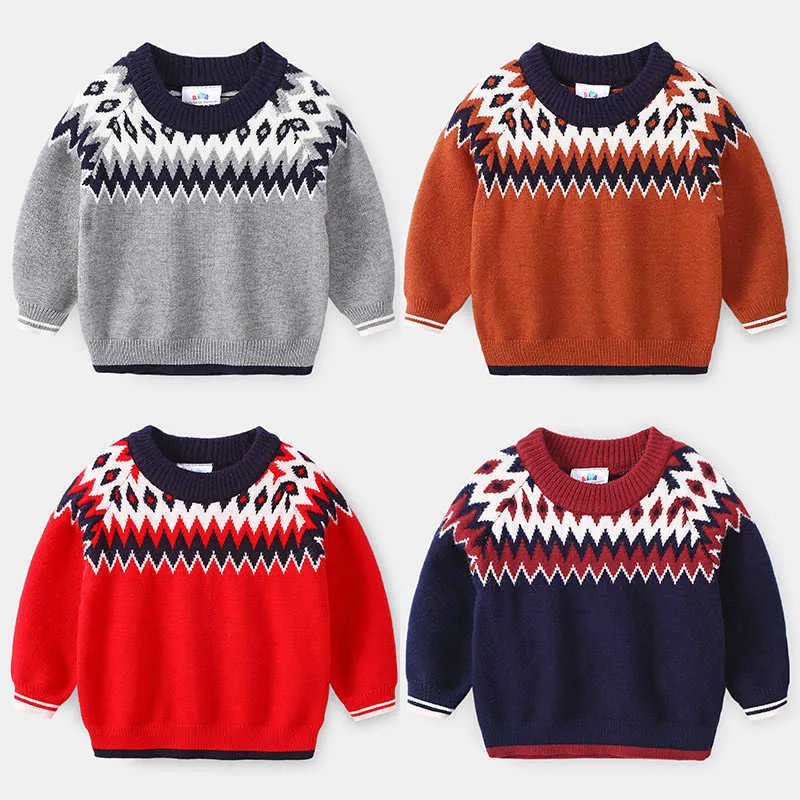 Autumn Winter 2 3 4 6 8 9 10 Years Christmas Gift O-Neck Knitted Handsome Kids Ethnic Style Soft Sweater For Baby Boys 210529